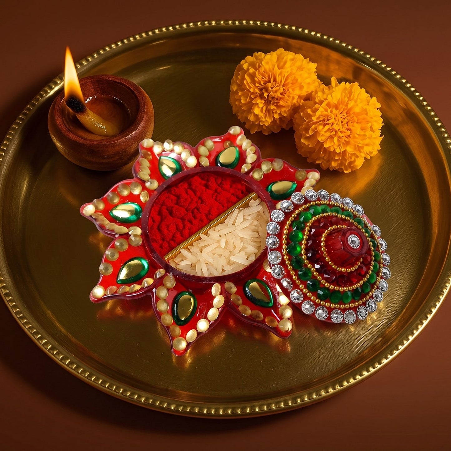 Elegant floral-shaped kumkum dani, perfect for home temple decor.