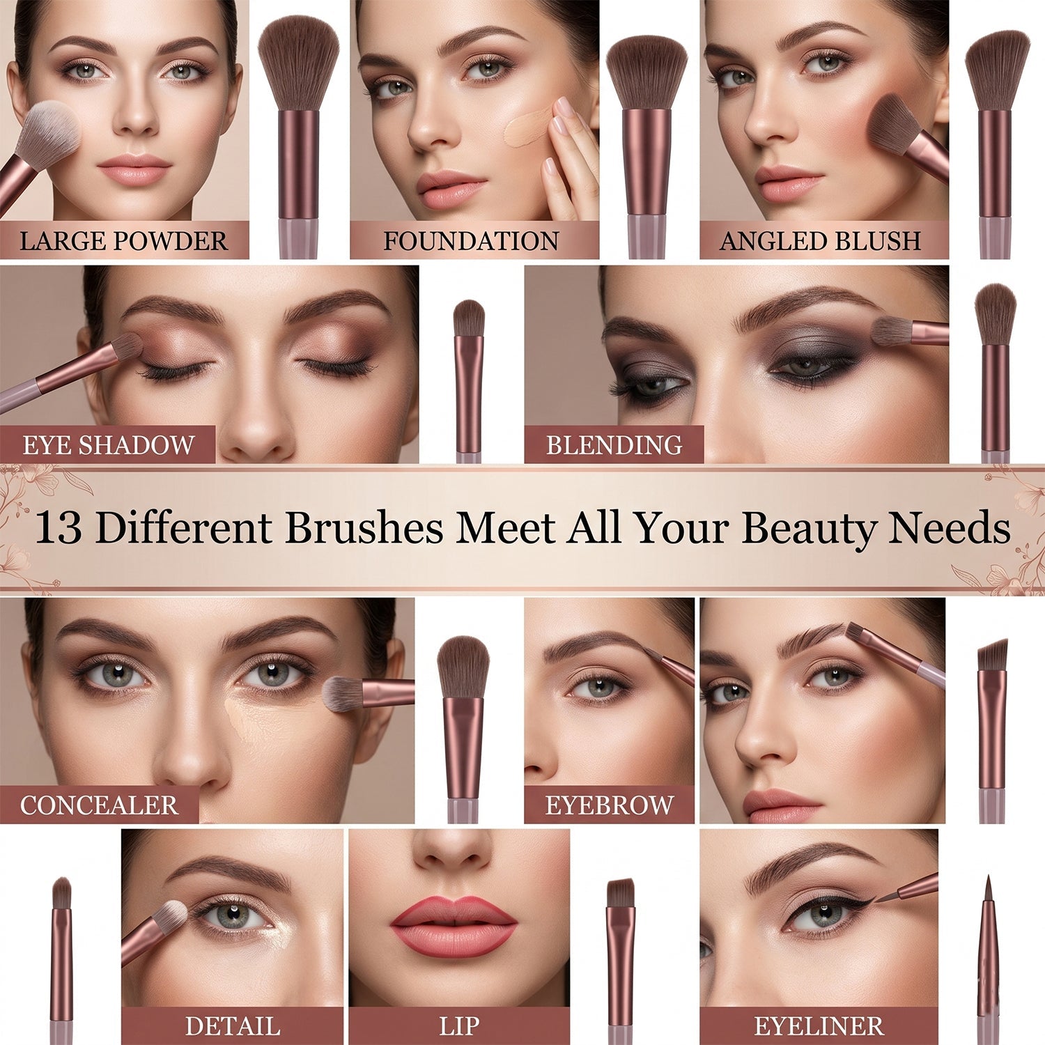 Detail view of makeup brushes with rose gold finish