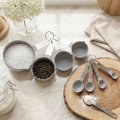 White measuring cups on a kitchen countertop