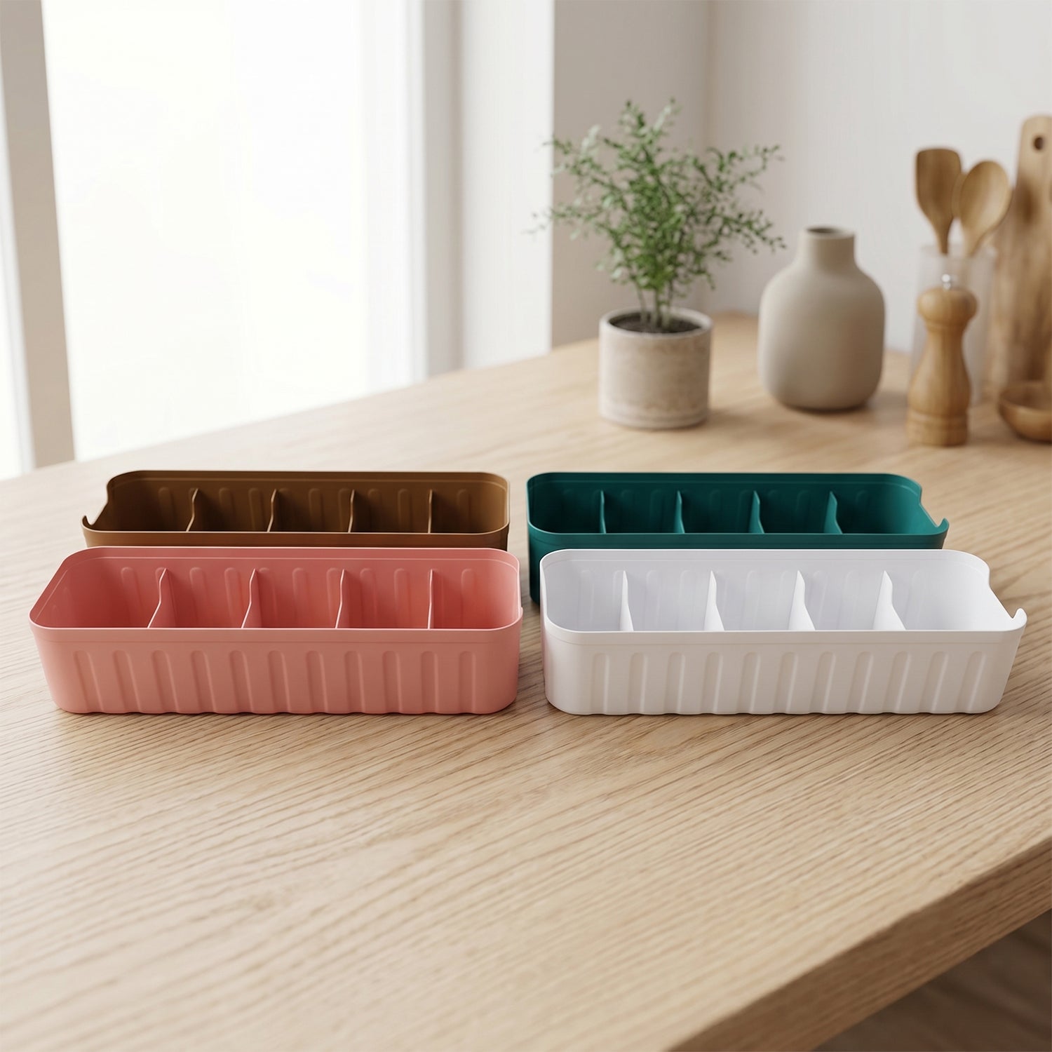 White plastic drawer organizer tray on a table
