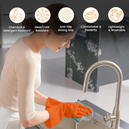 Pair of orange reusable rubber gloves for household use