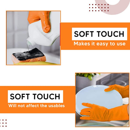 Waterproof orange household cleaning gloves in use