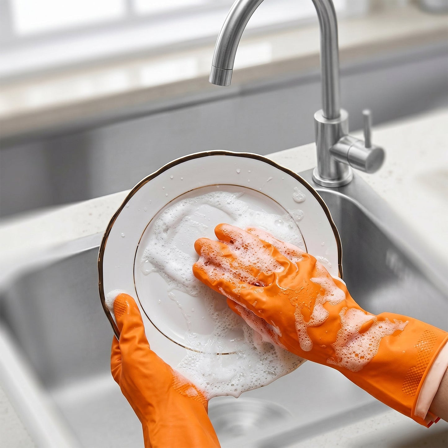 Close-up of waterproof rubber gloves for dishwashing and cleaning