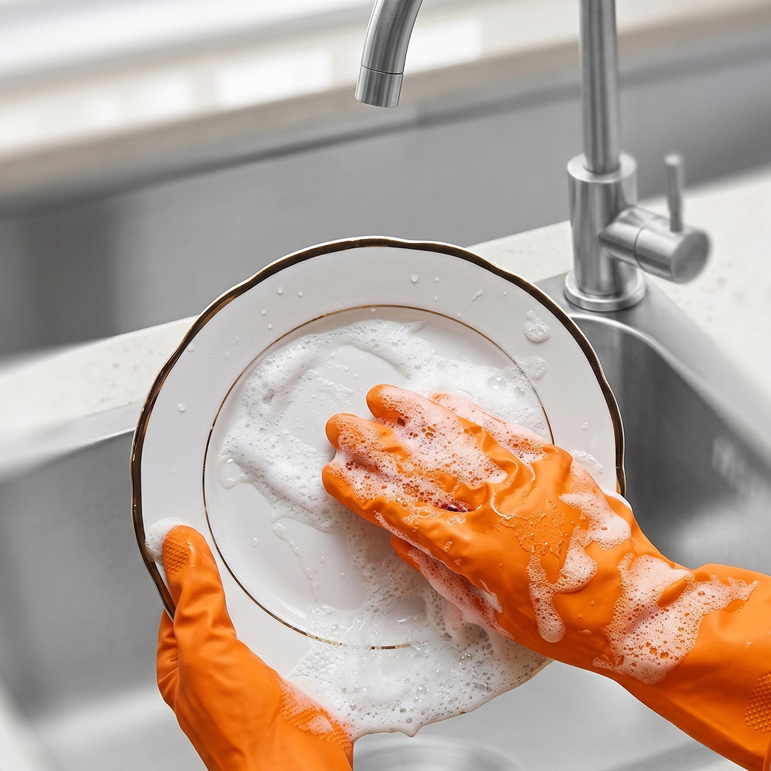 Orange gloves used for kitchen washing and cleaning