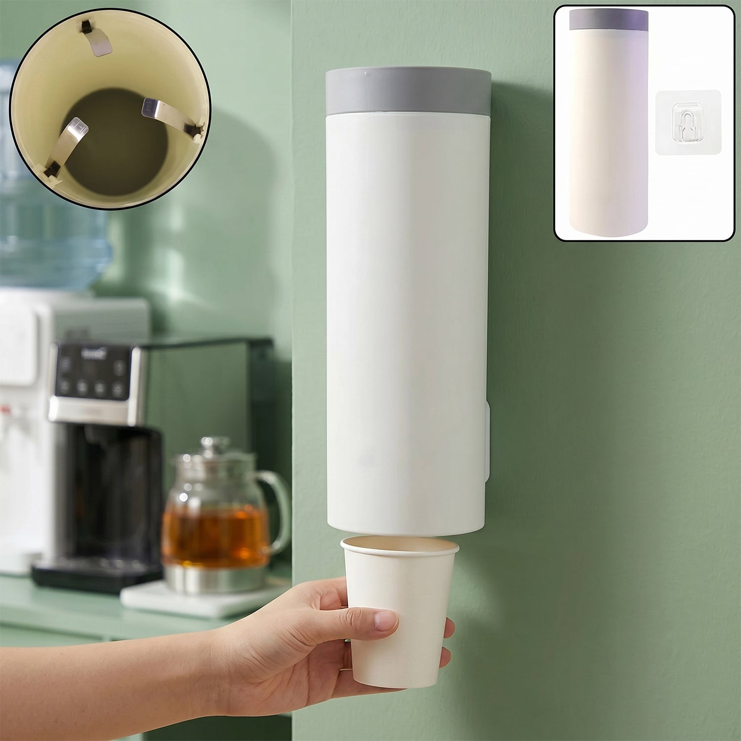 Wall mounted paper cup holder for organised storage in kitchen or office