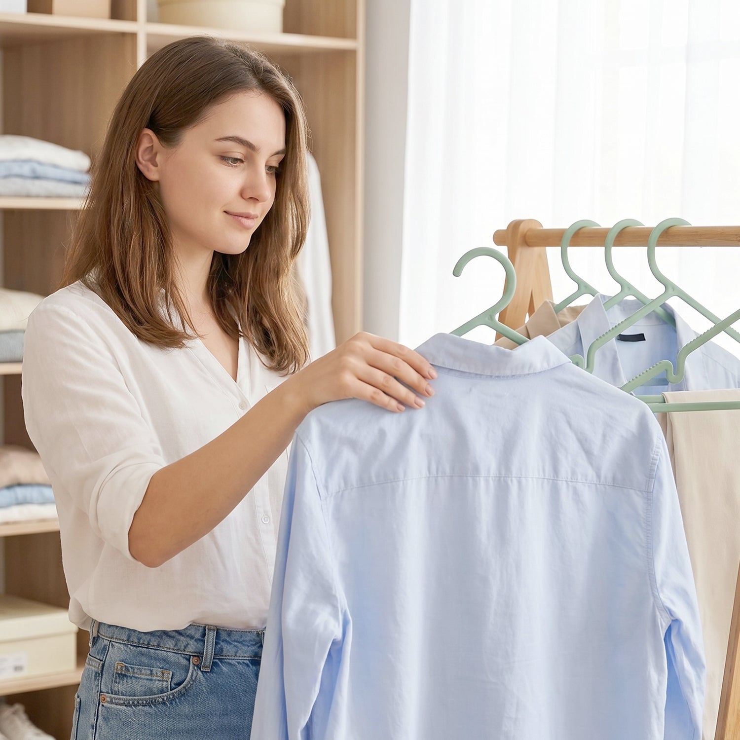 Non-slip grip on plastic clothes hanger securely holding garments