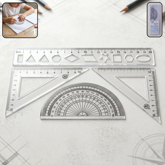 Student geometry ruler set 4-piece with transparent plastic tools