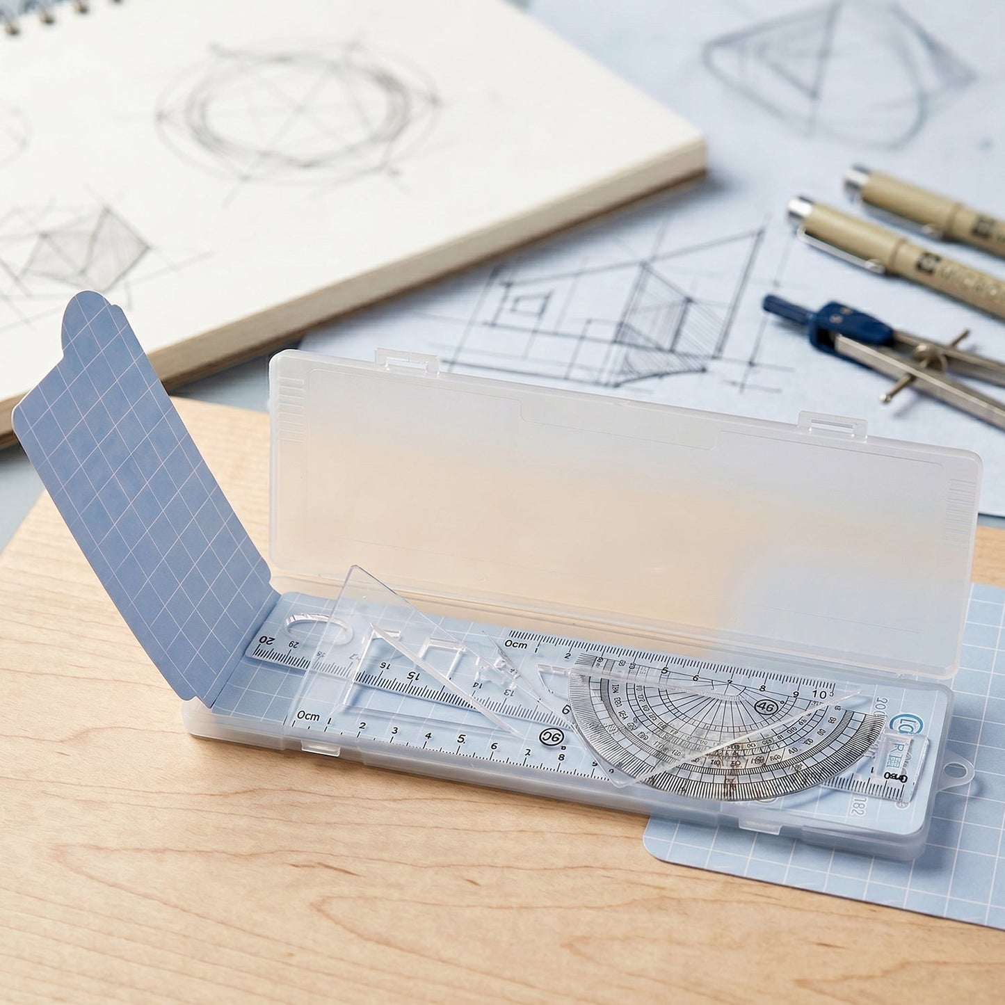 School use protractor and set squares in transparent plastic