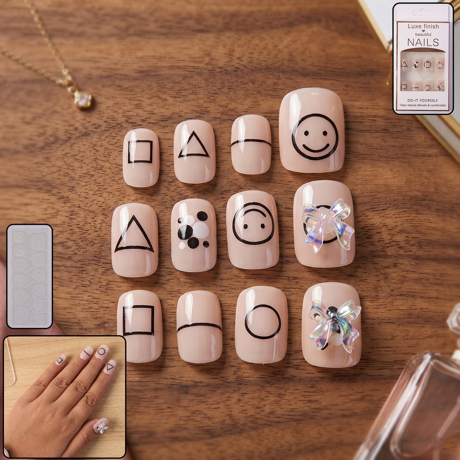 Woman showcasing glossy press-on nails for an elegant look.