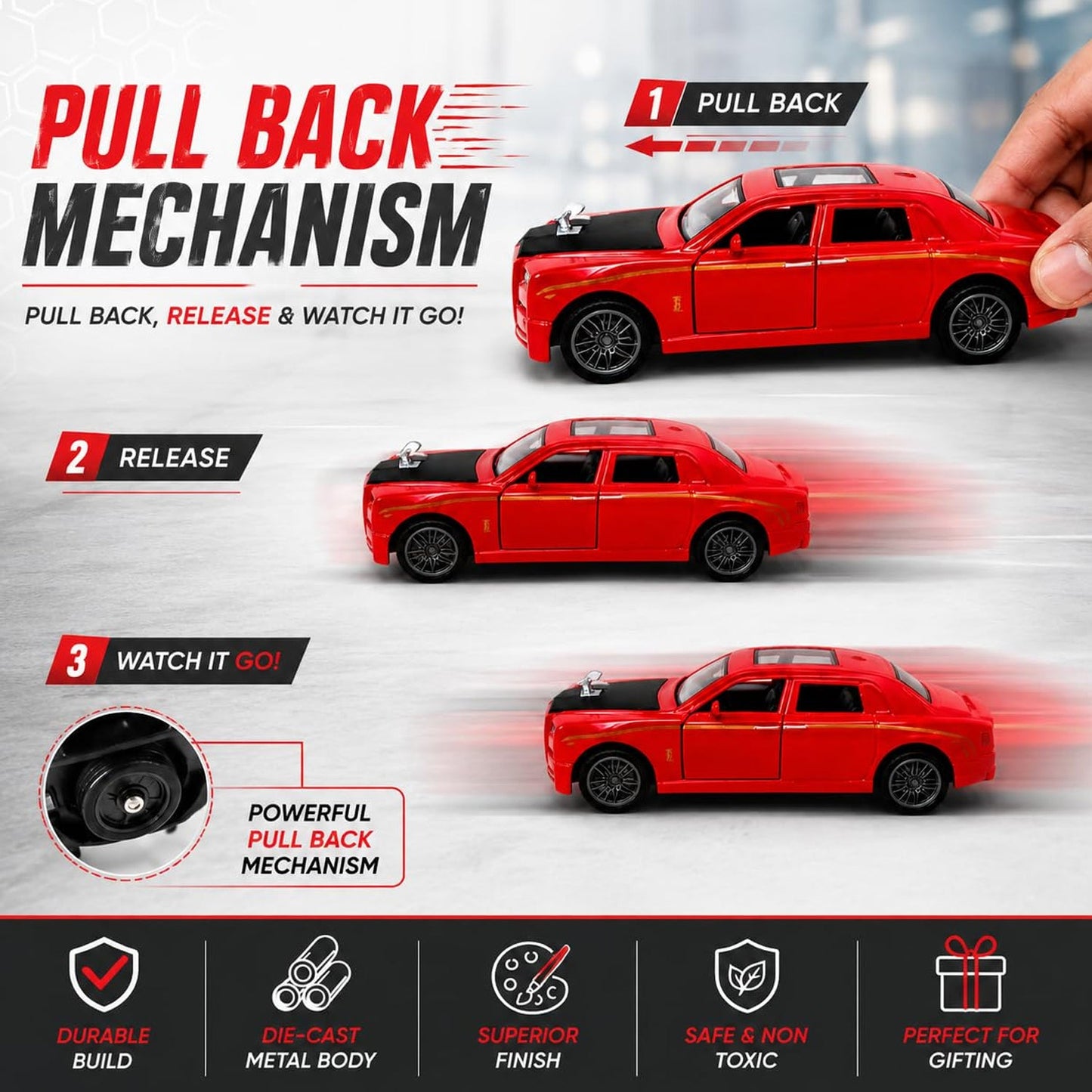 Pull back toy car on white background for display