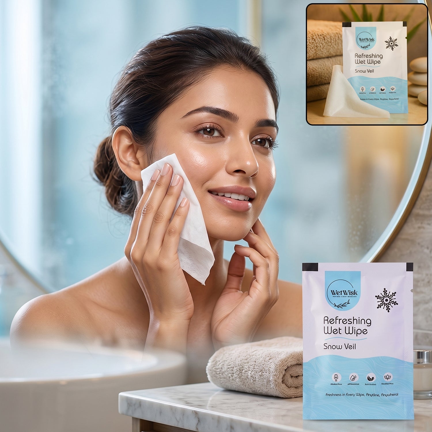 Snow veil refreshing wet wipe in packaging