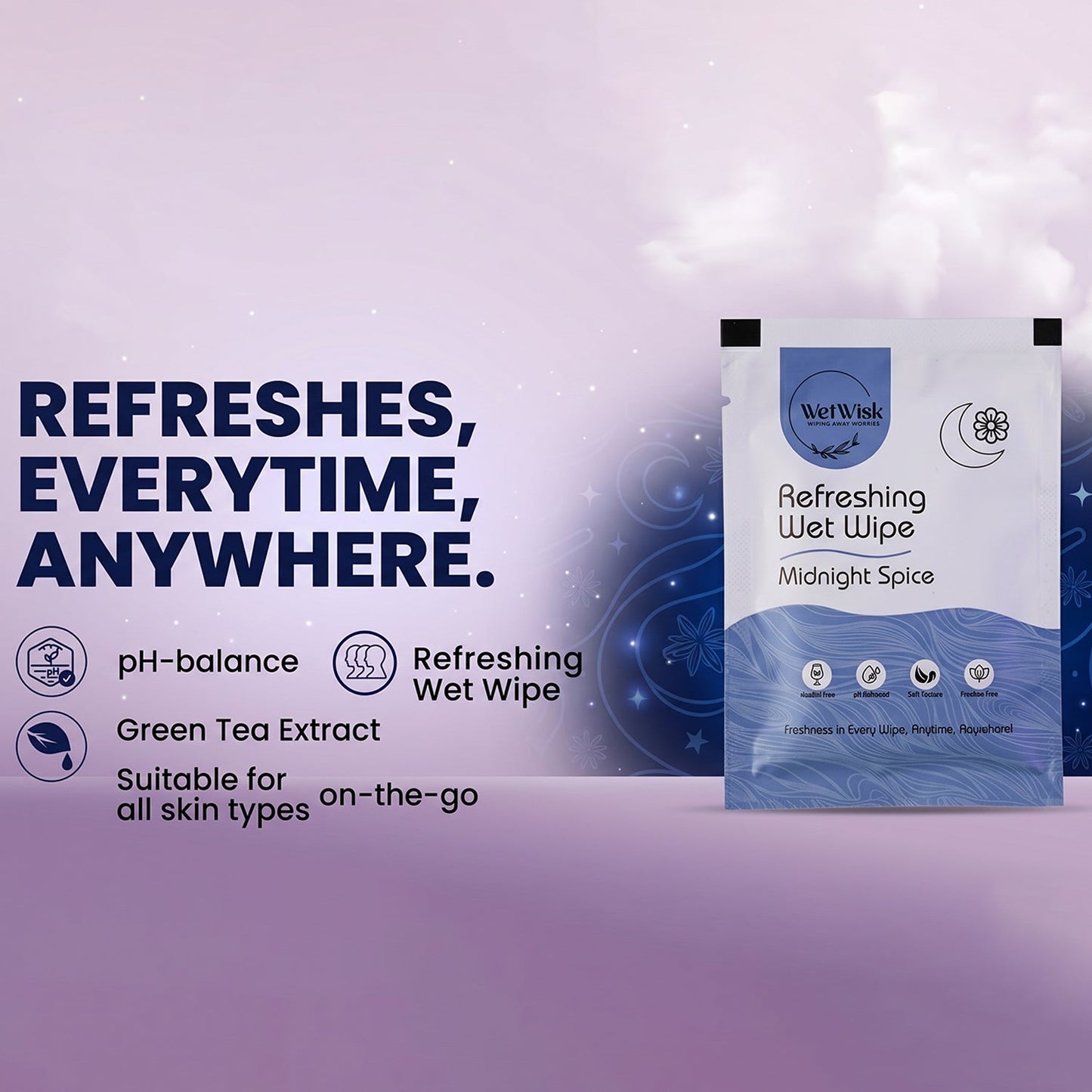 Open Midnight spice wet wipe revealing soft wipes inside