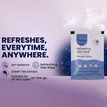 Open Midnight spice wet wipe revealing soft wipes inside