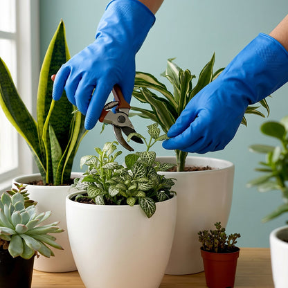 Close-up of waterproof blue cleaning gloves