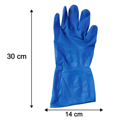 Blue rubber gloves showing size dimensions