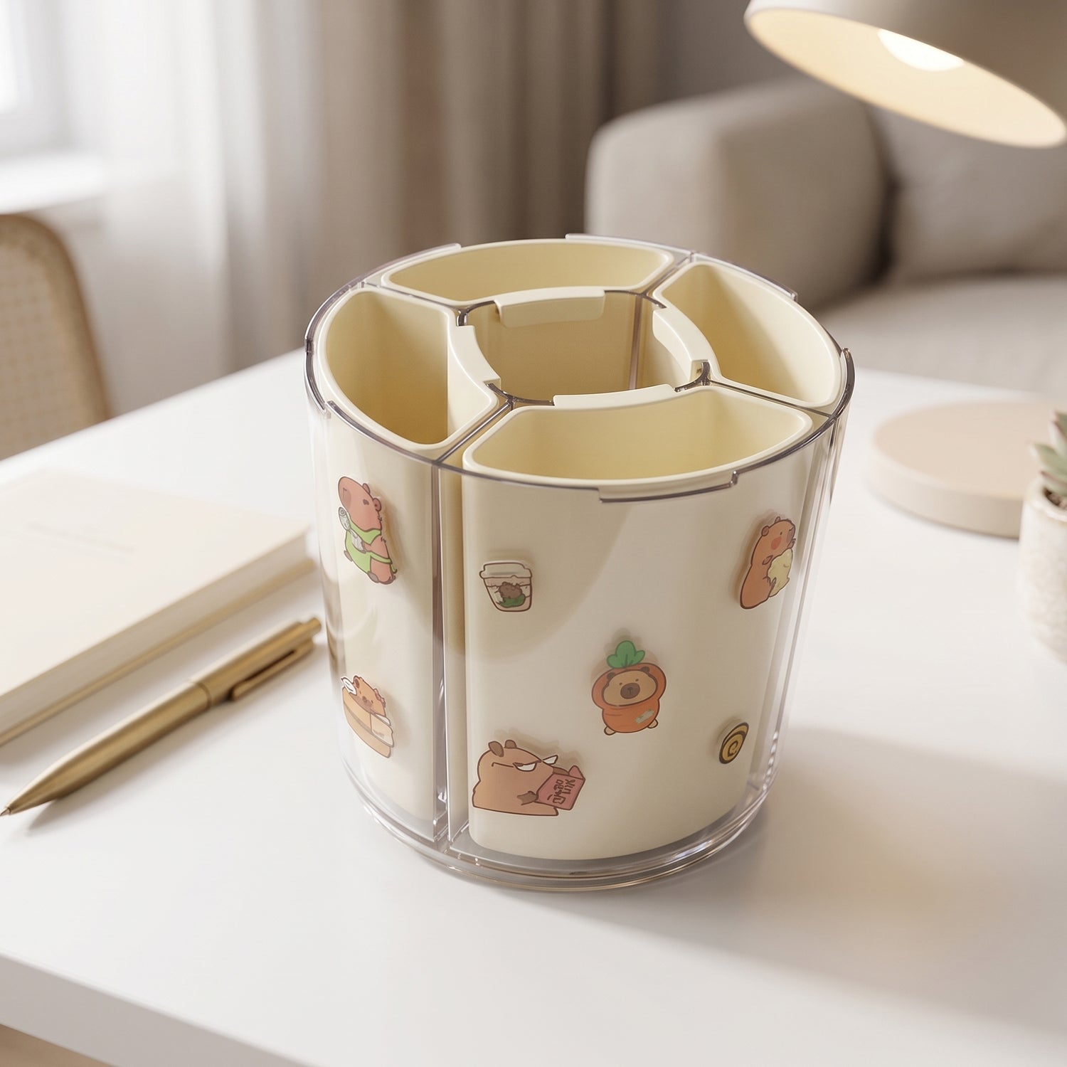 Rotating desk organizer in a professional office setting