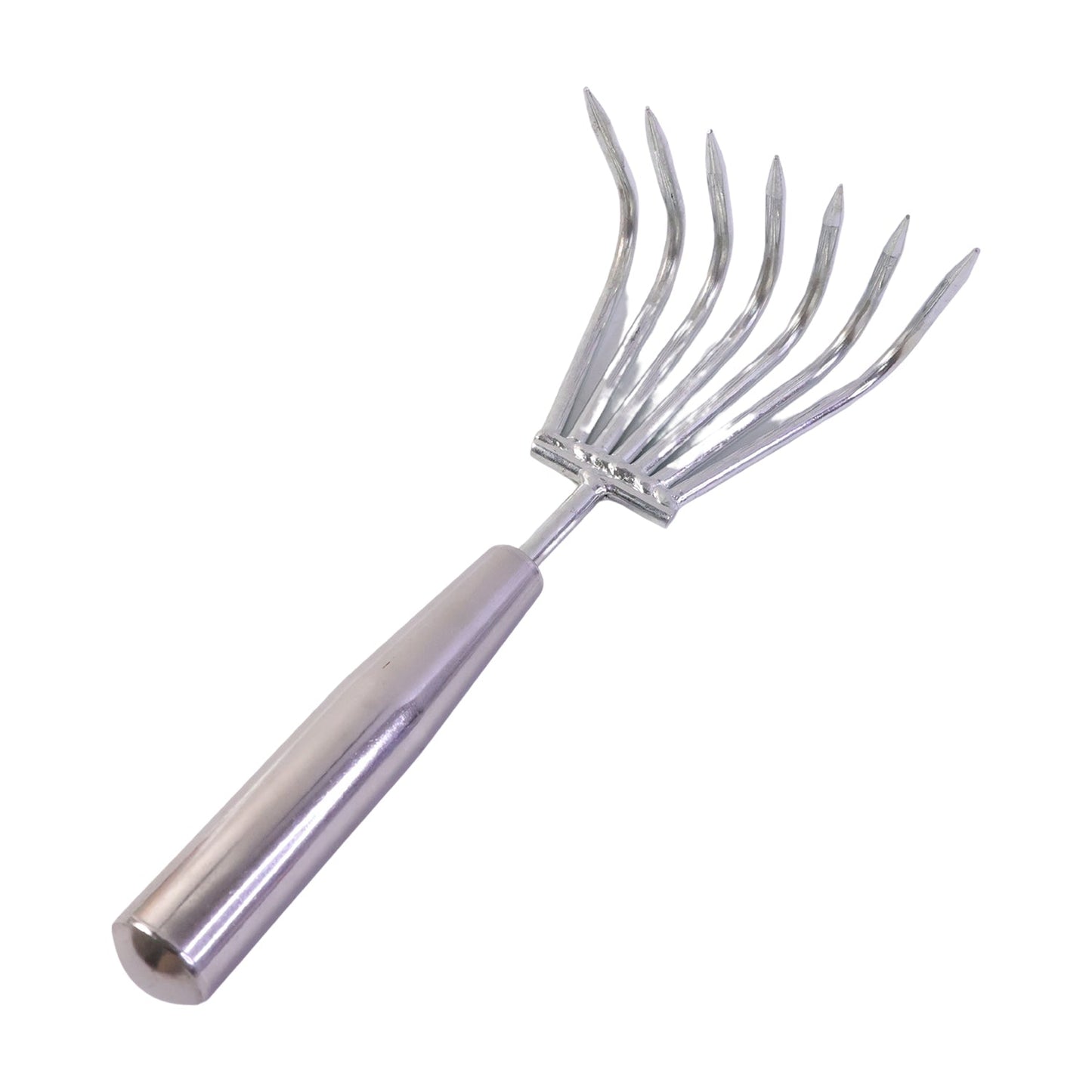 Detail view of hand rake cultivator with ergonomic handle