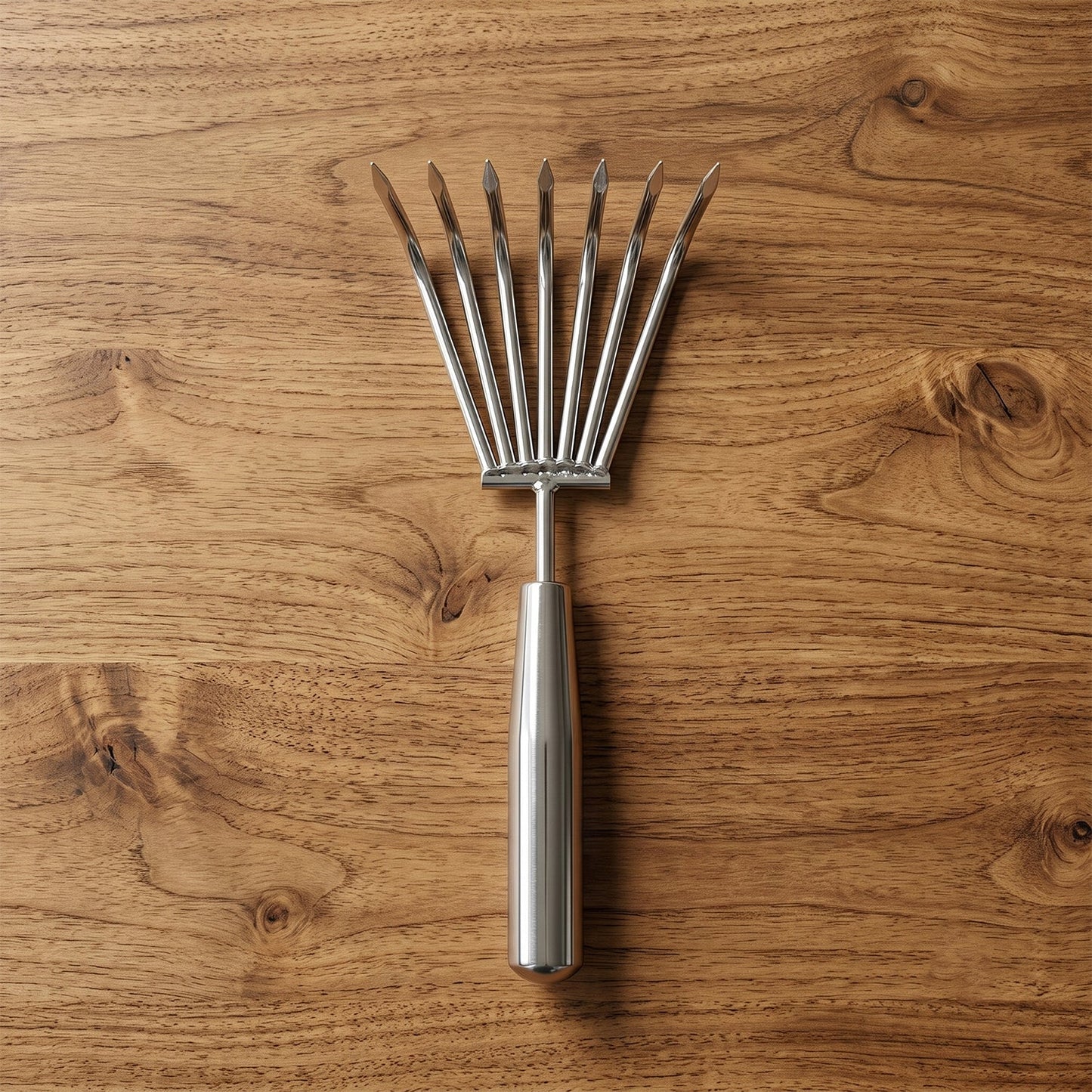 Stainless steel garden rake with prongs for raking leaves and debris