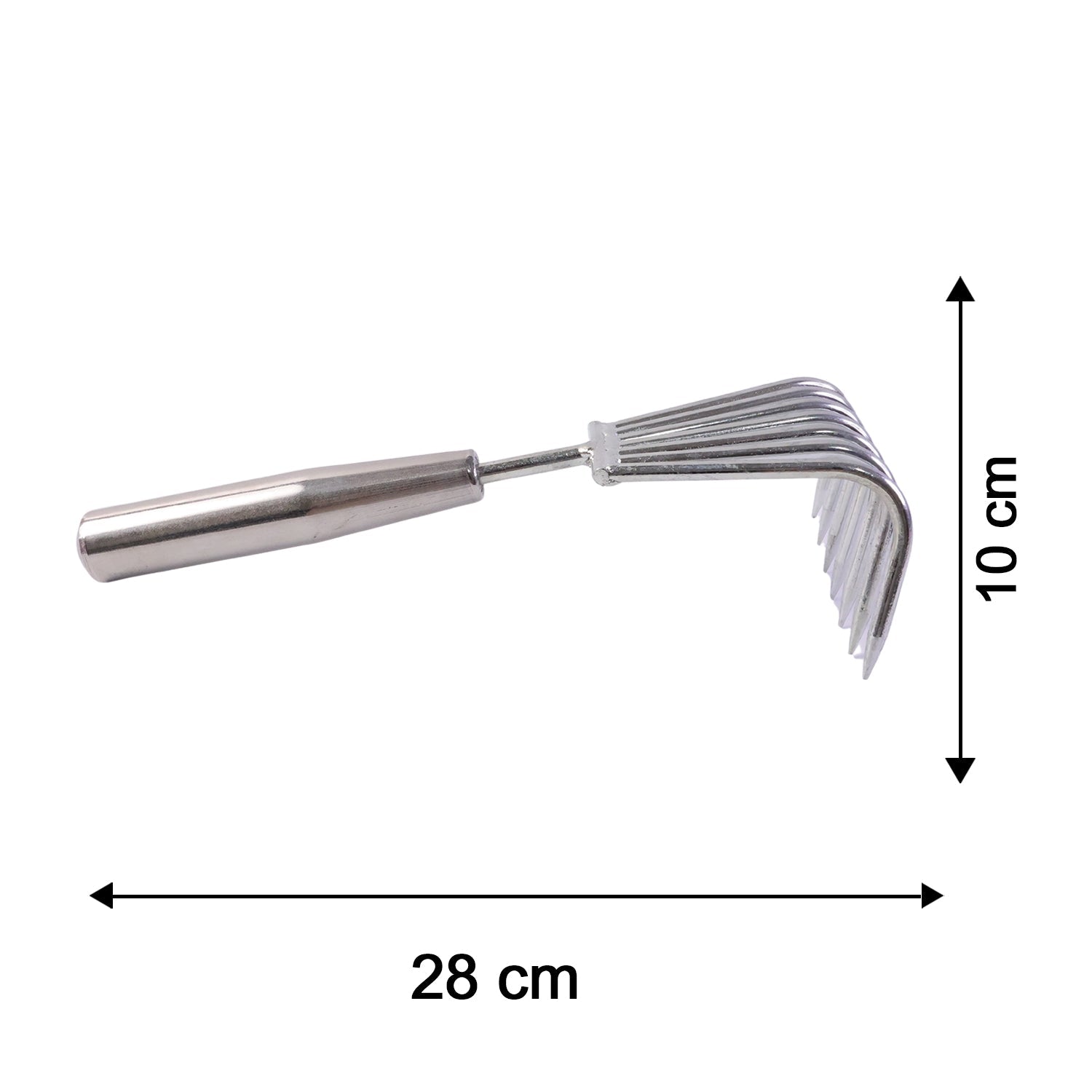 Size guide for garden rake showing compact length of 28 cm