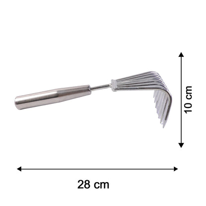 Size guide for garden rake showing compact length of 28 cm