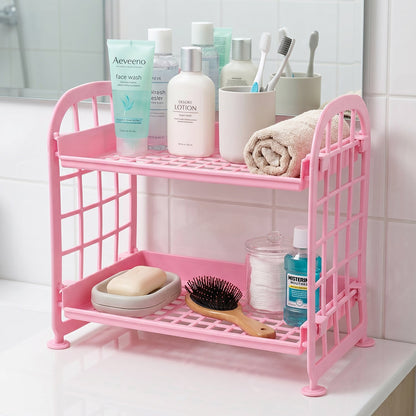 Two tier plastic storage organizer shelf for compact spaces