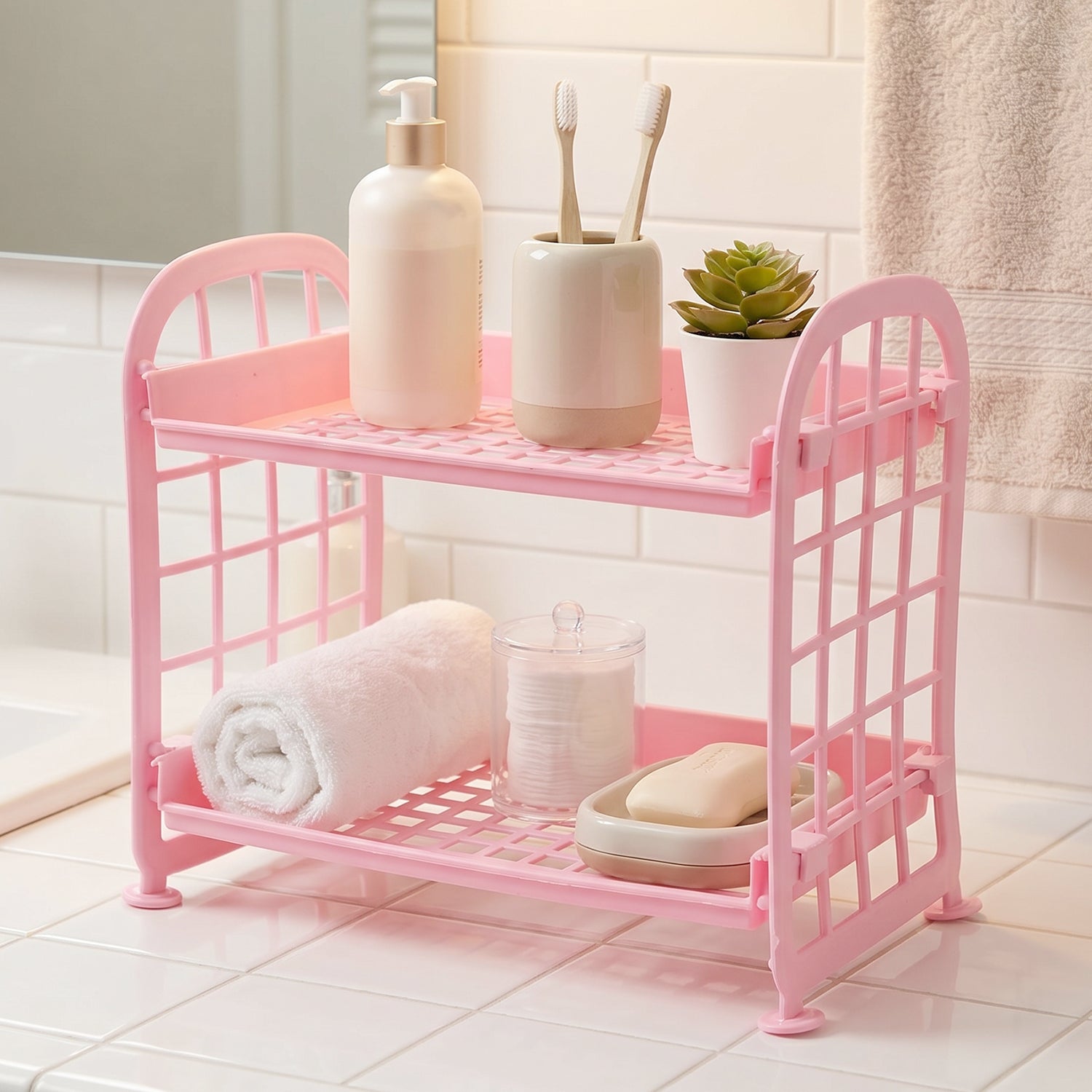 Small bathroom storage rack in plastic material