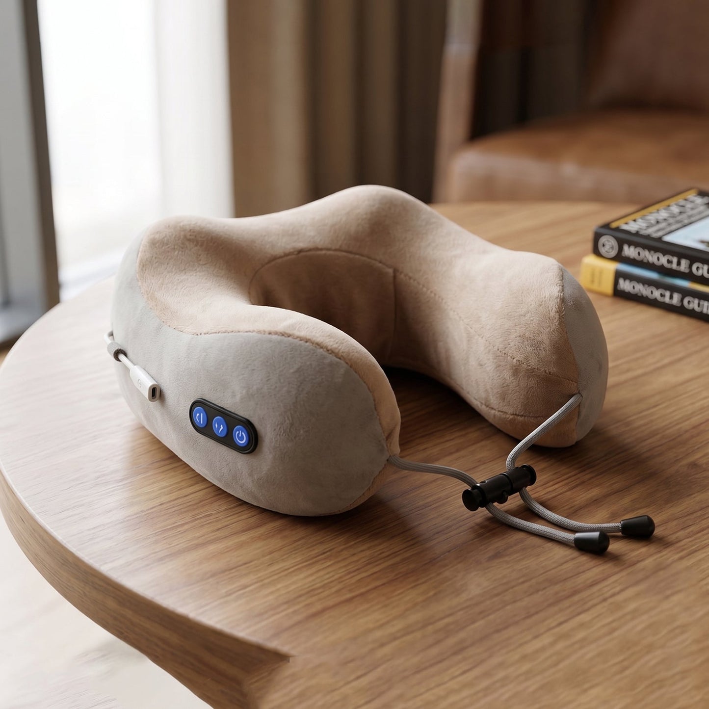 Cordless travel neck massager in beige/grey for portability