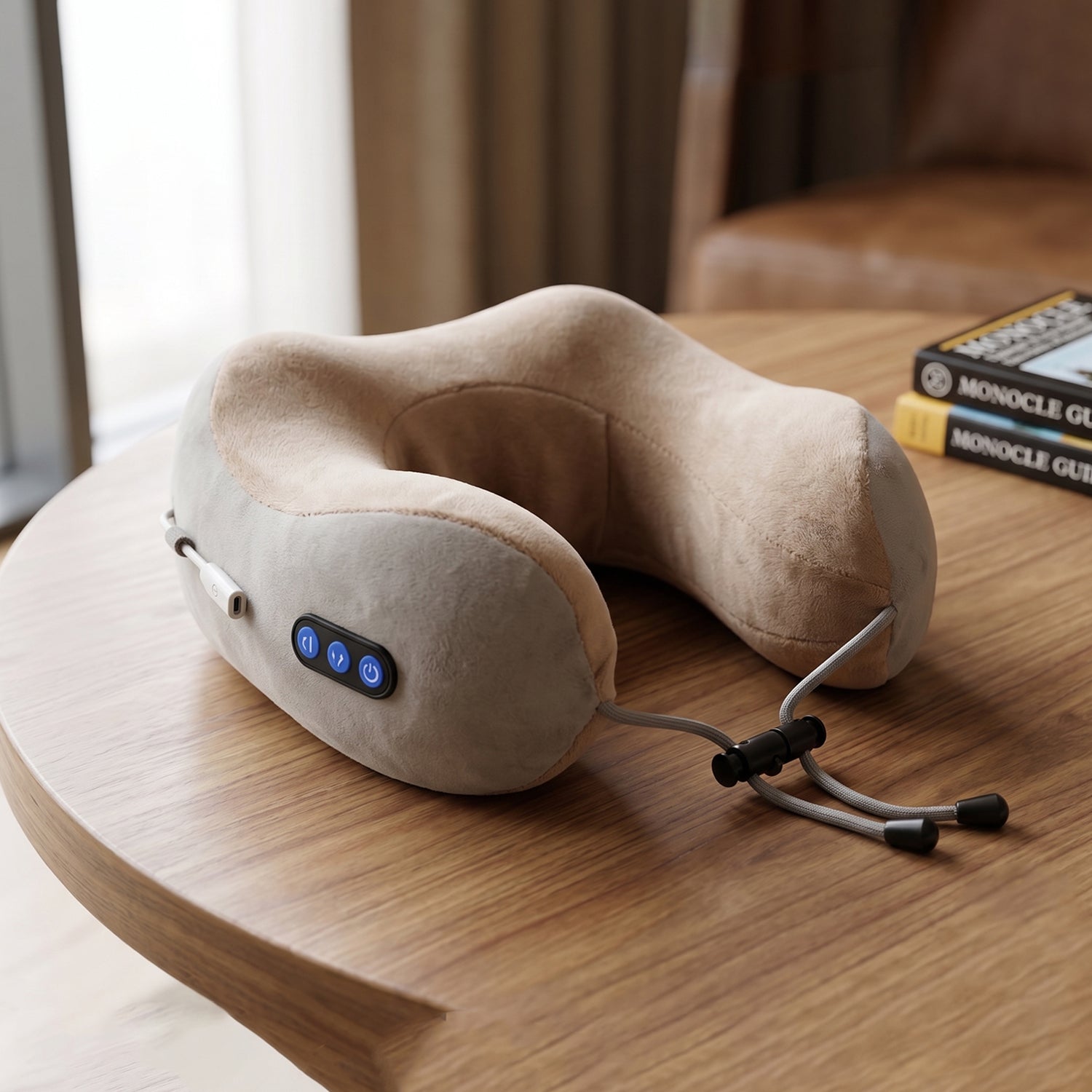 Cordless travel neck massager in beige/grey for portability