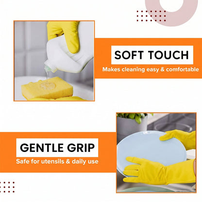 Yellow gloves designed for dishwashing and cleaning tasks