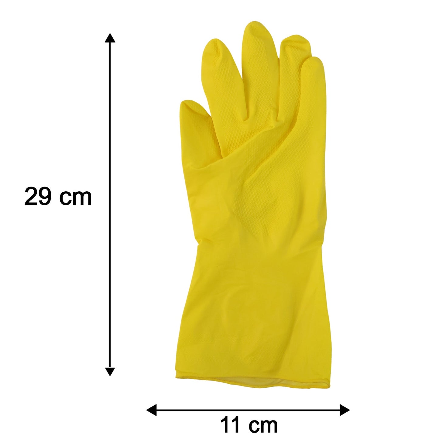 Large yellow cleaning gloves with size dimensions