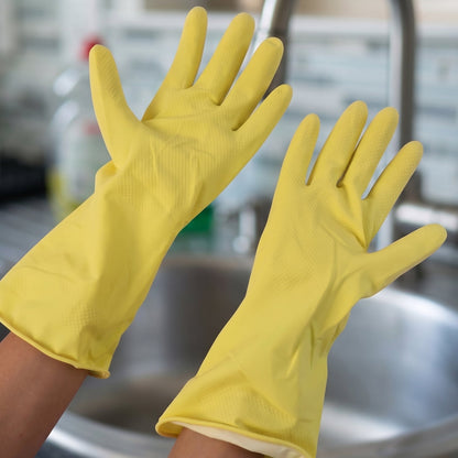 Close-up of durable yellow cleaning gloves with waterproof design