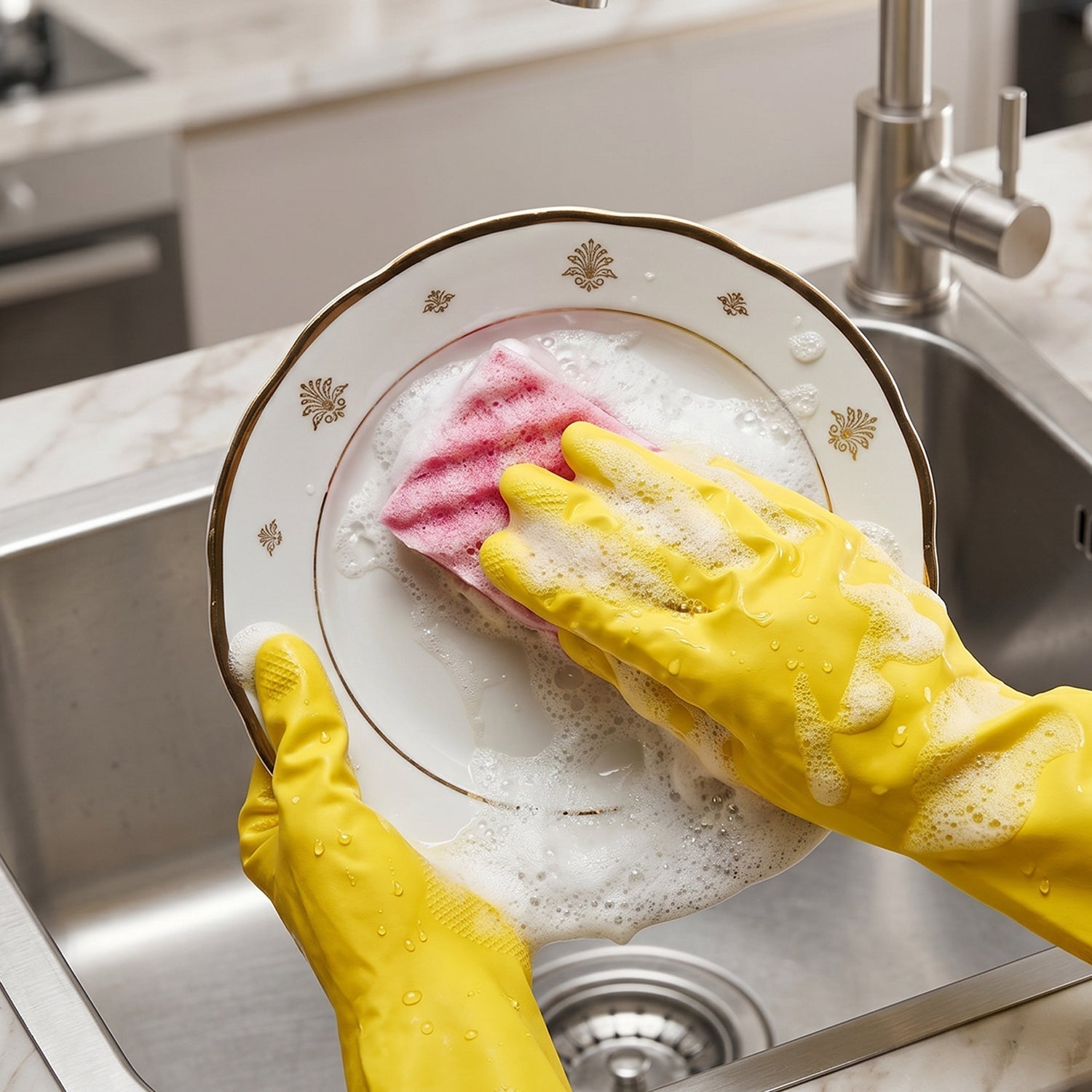Yellow household cleaning gloves in use for kitchen cleaning