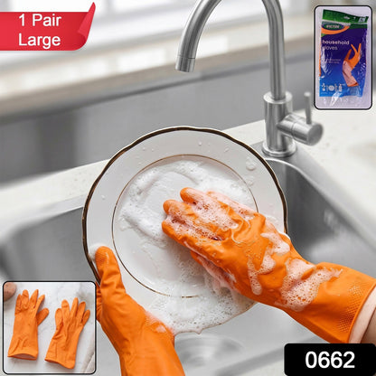 Pack of orange dishwashing gloves for household cleaning