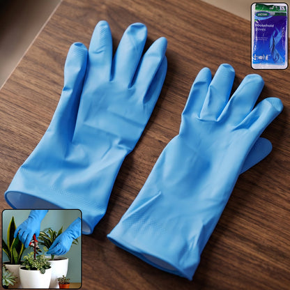 Large blue waterproof rubber cleaning gloves for household use