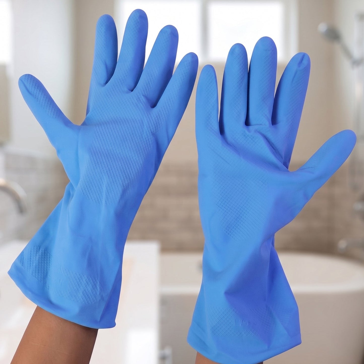 Close-up of large blue cleaning rubber gloves