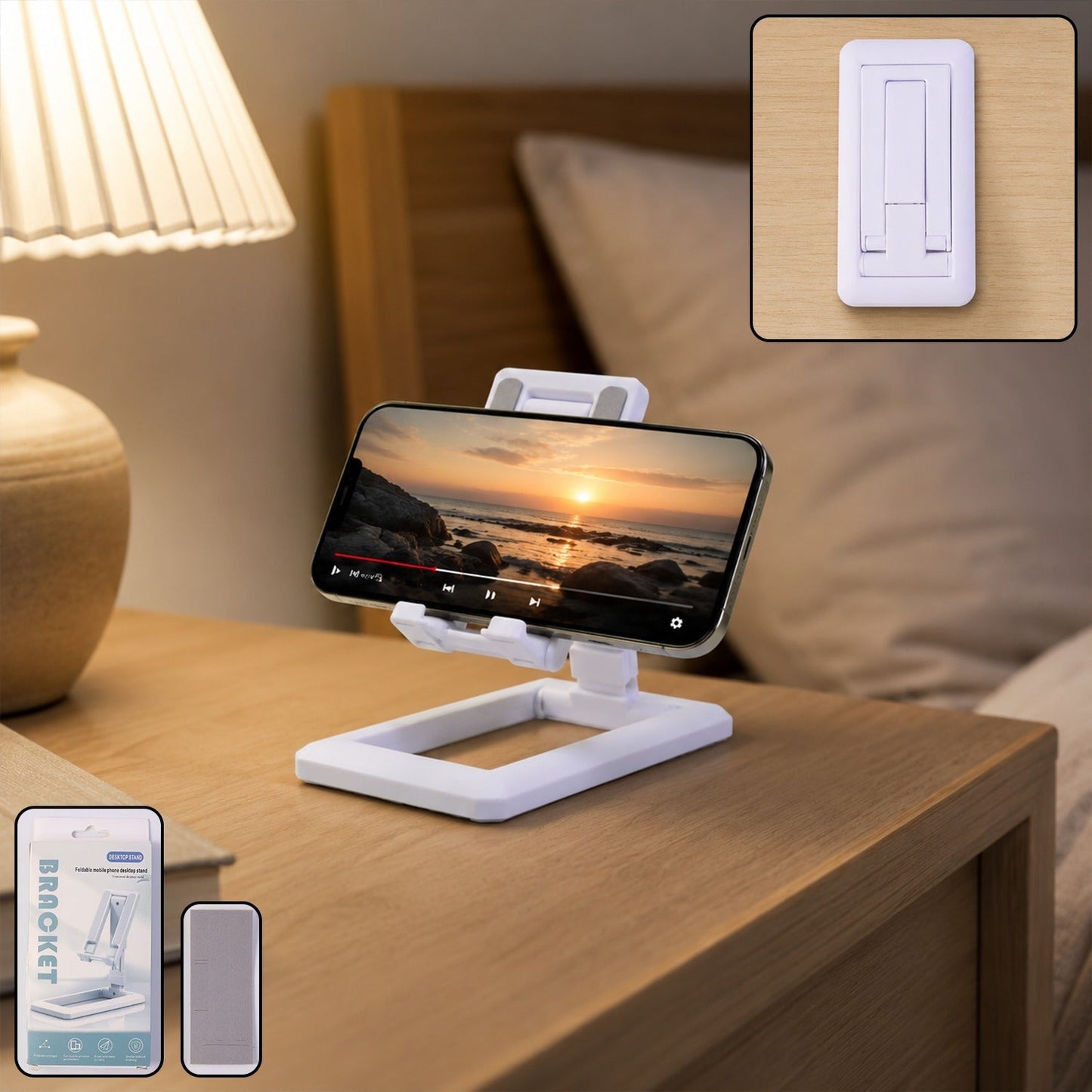 Foldable plastic phone holder stand in open position