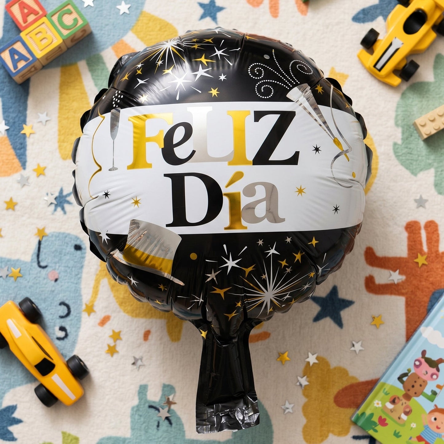 Round black and gold celebration foil balloon