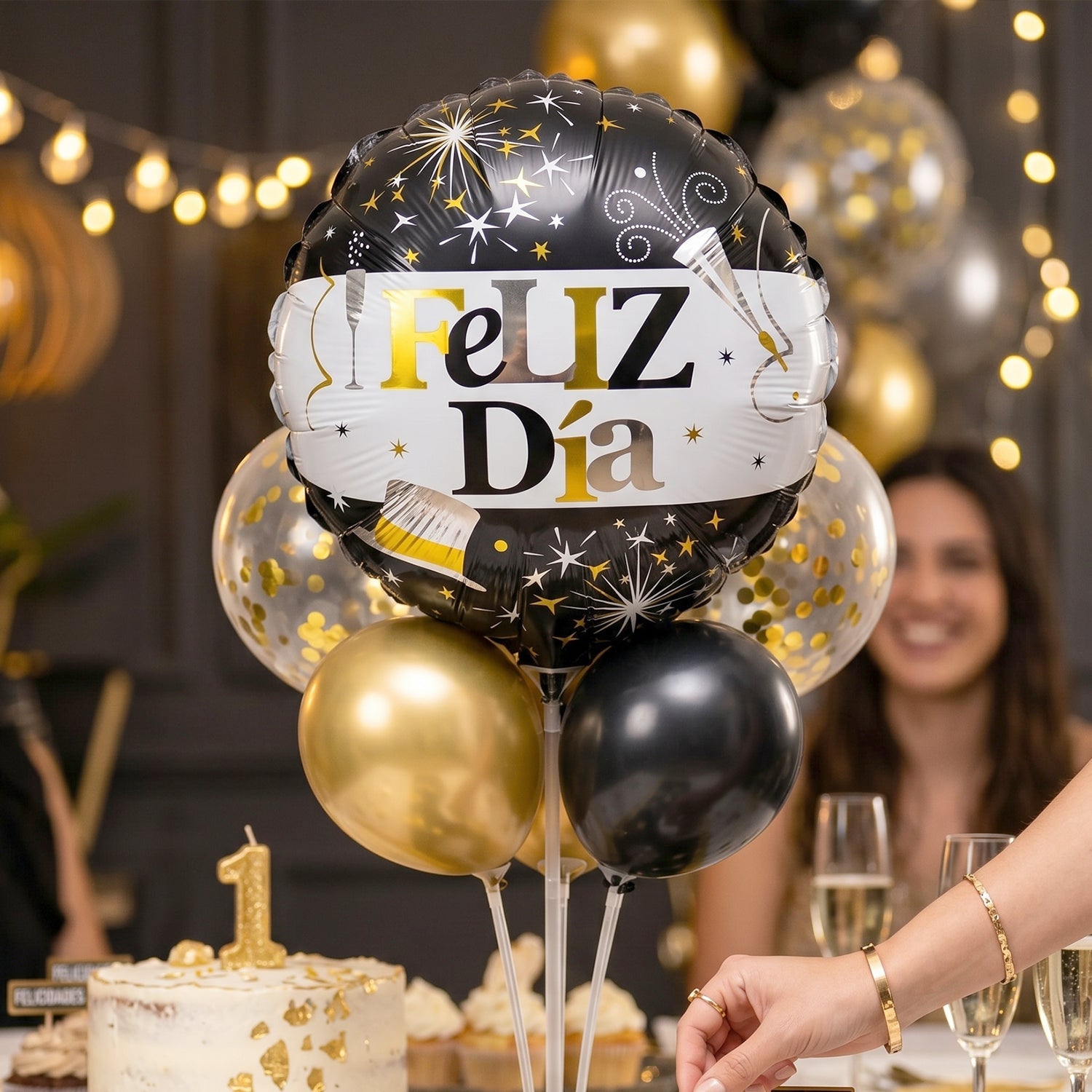 Shiny black gold celebration foil balloon for festive decor