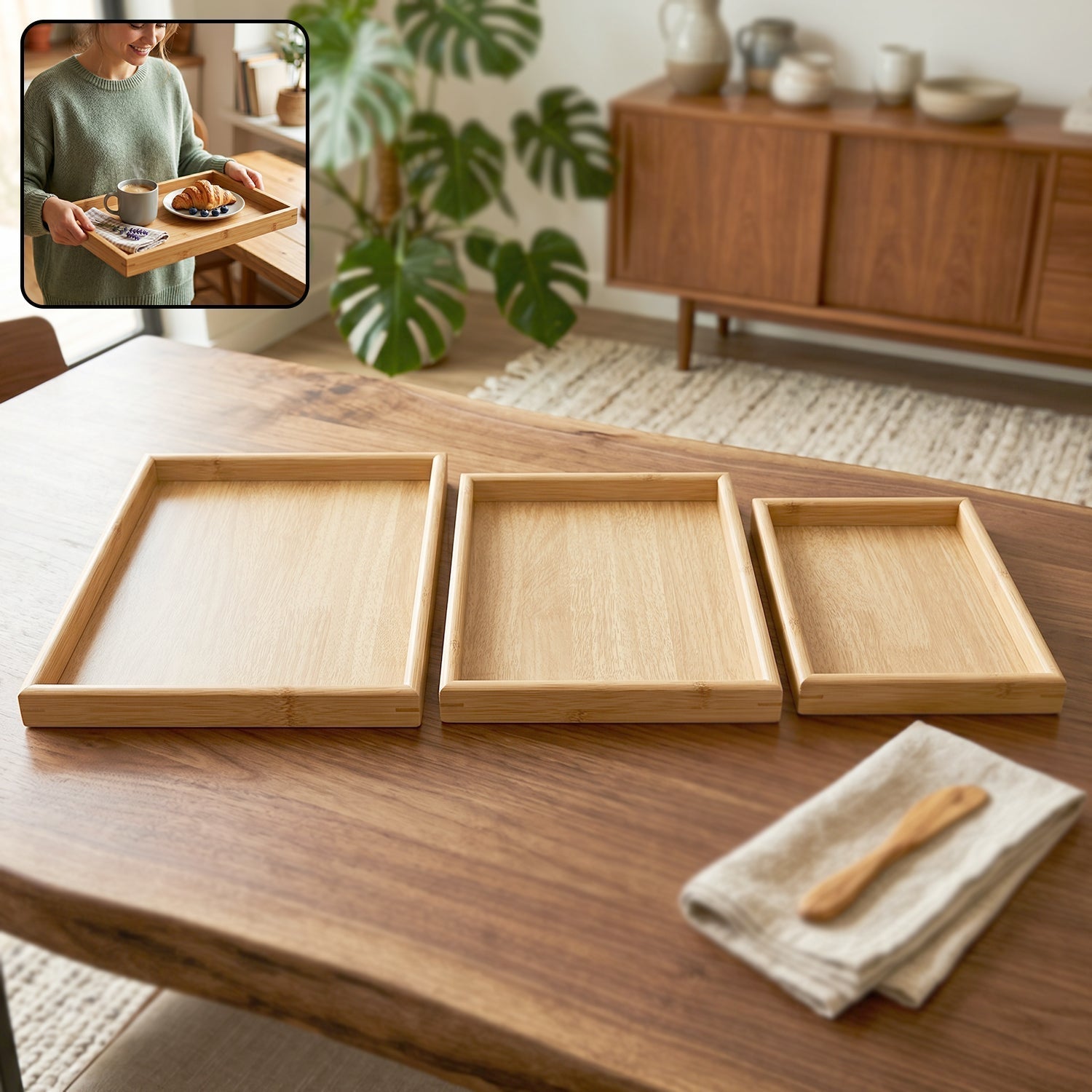 Wooden finish multipurpose serving tray set in 3 sizes