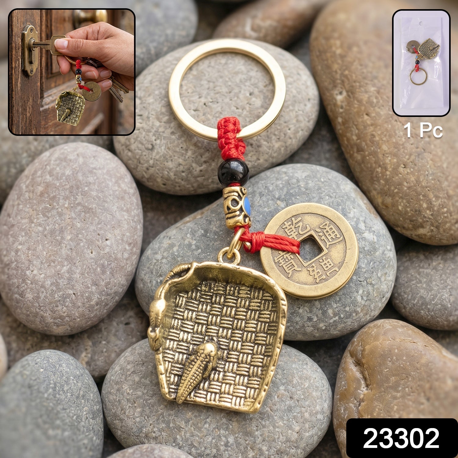Decorative dustpan keychain charm showcasing Feng Shui symbolism