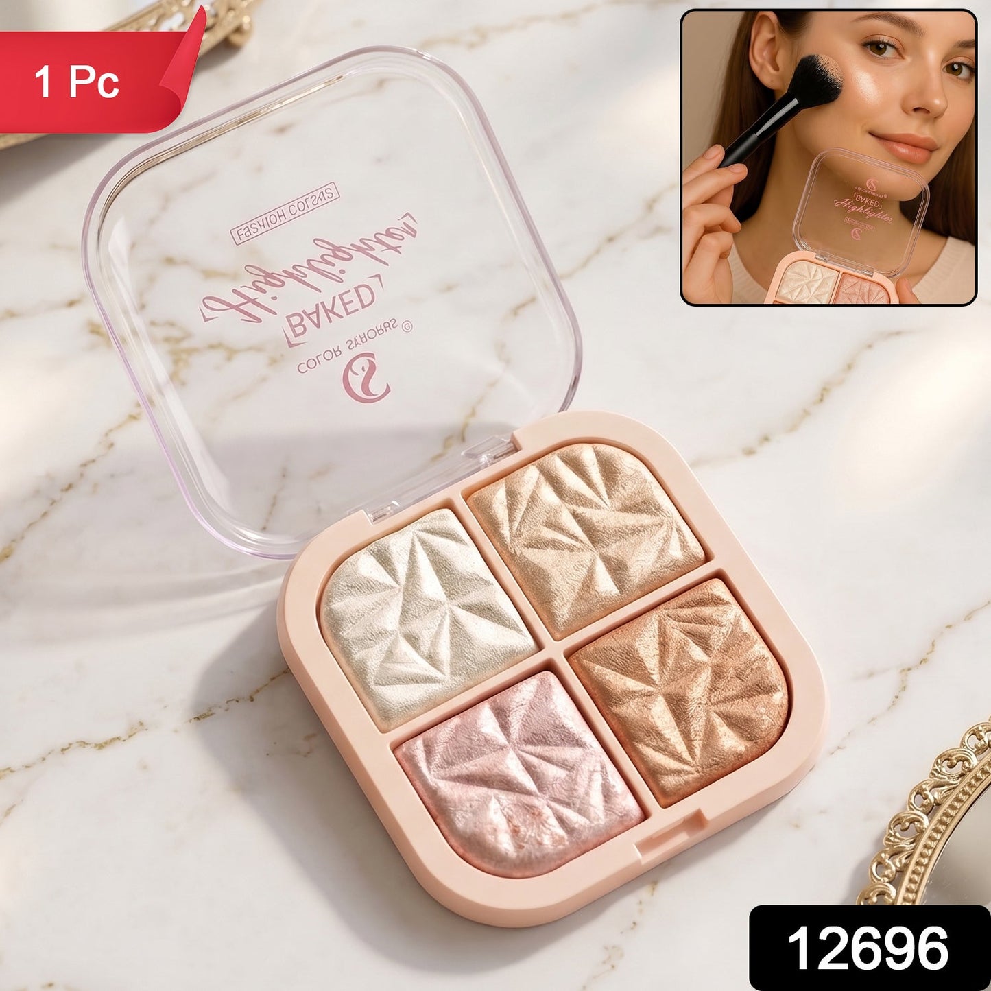 Highlighter and blush palette pack with four shimmer shades