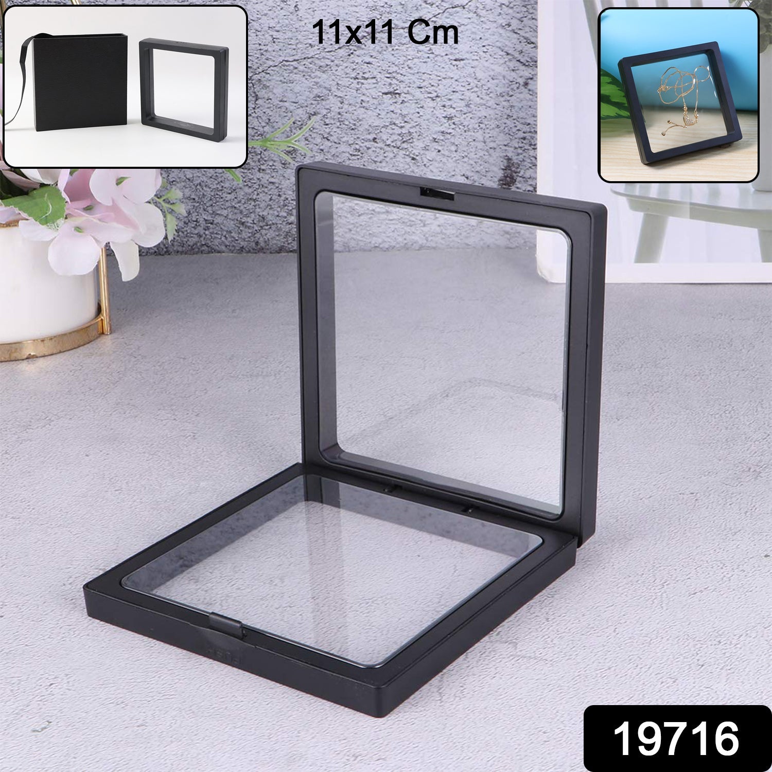 Jewellery display transparent floating frame for showcasing jewelry