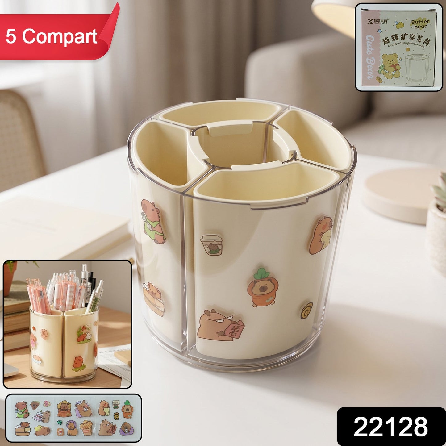 Stacked rotating pen holder with multiple compartments in office setup