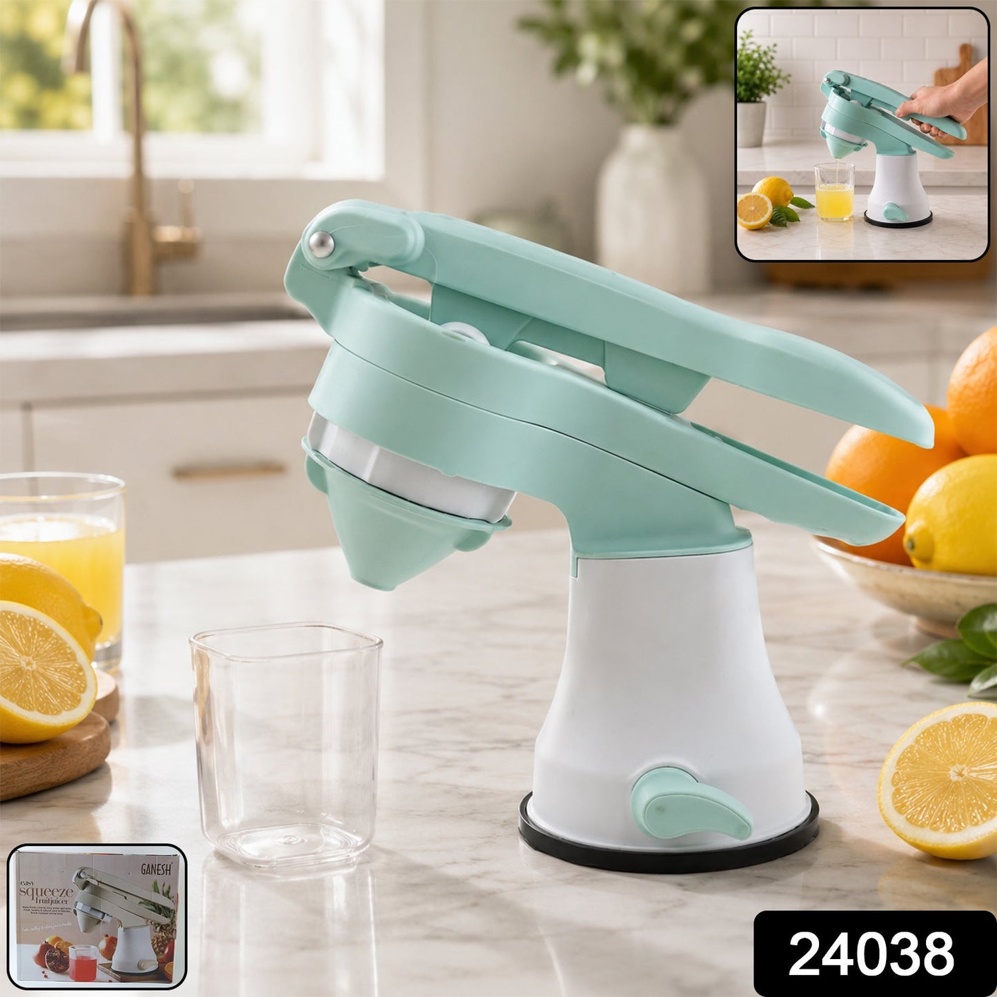 Side angle of manual juicer showing handle and stability
