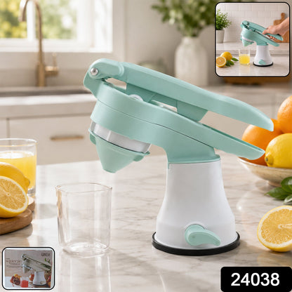 Side angle of manual juicer showing handle and stability