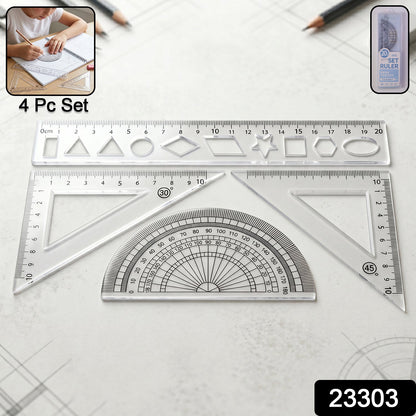Complete geometry ruler set including 20cm ruler, set squares, and protractor