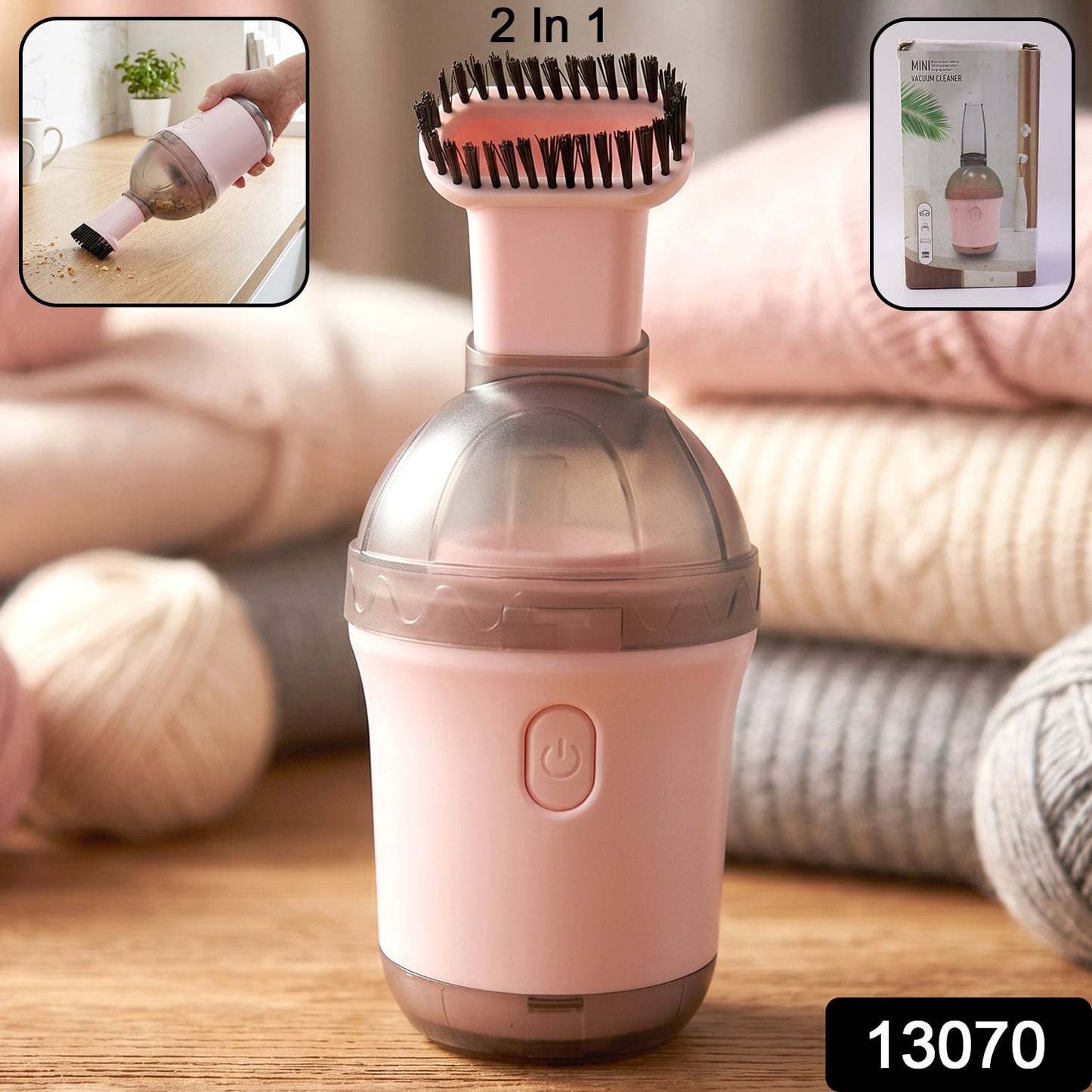 Portable mini vacuum showing brush attachment for easy dust pickup