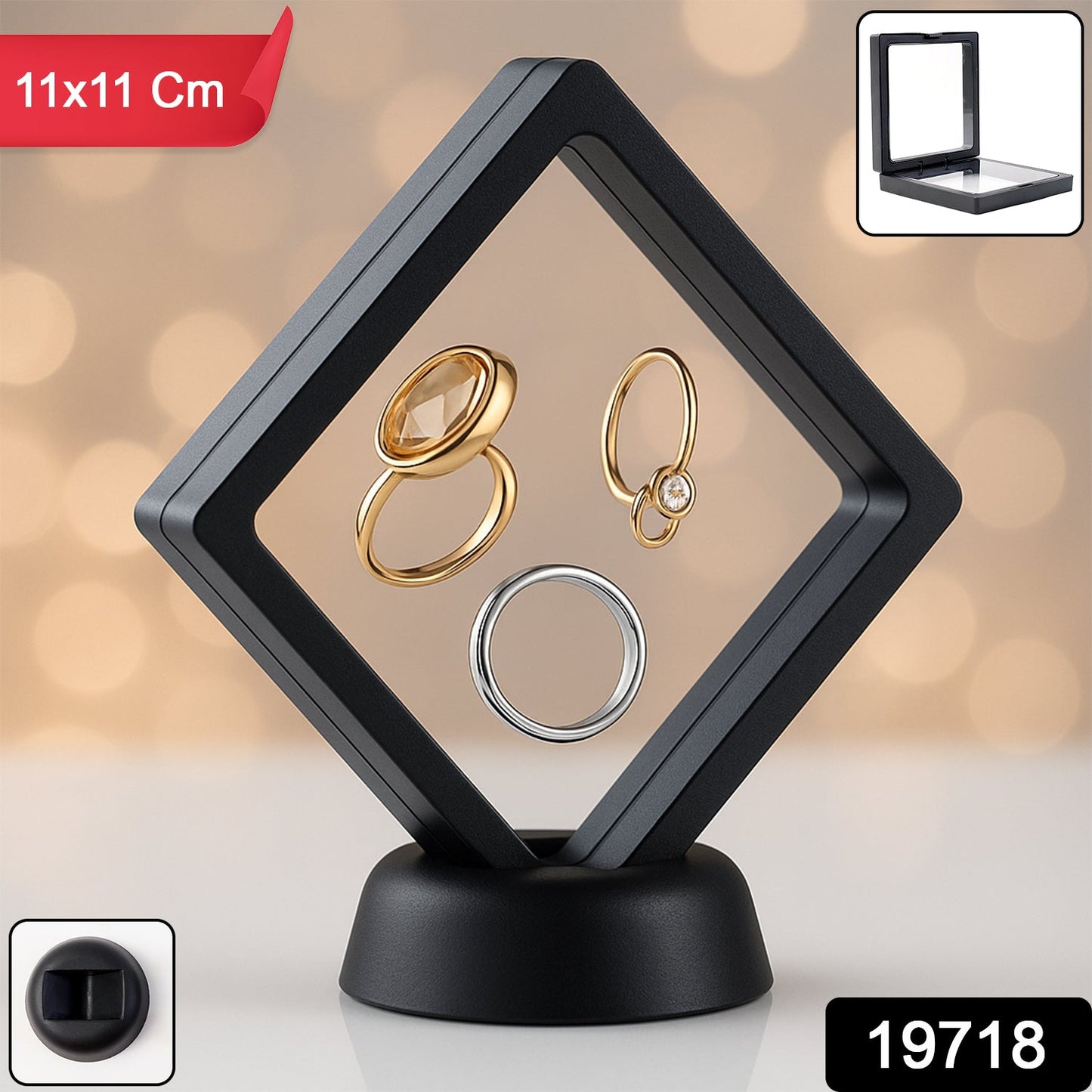 Side view of detachable base on transparent jewellery display box