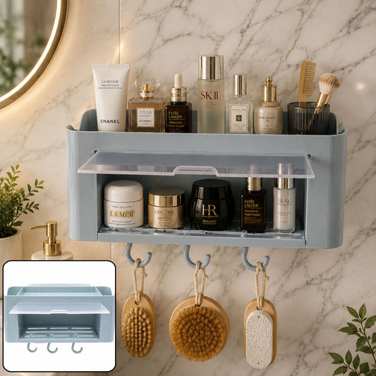 Wall mounted storage organiser shelf with hooks and transparent tray for bathroom and kitchen use