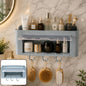 Wall mounted storage organiser shelf with hooks and transparent tray for bathroom and kitchen use